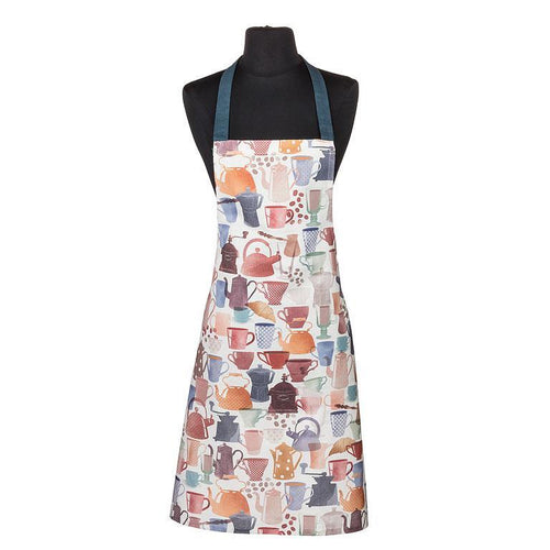 Cotton apron with pastel-painted coffee cup and kettle illustrations, perfect for kitchen or café wear.
