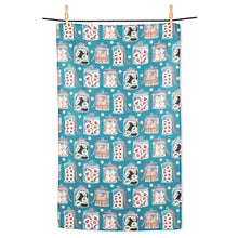 Load image into Gallery viewer, Cookie Jar Cheer holiday kitchen towel with Christmas cookie jars candy canes and gingerbread on a blue background

