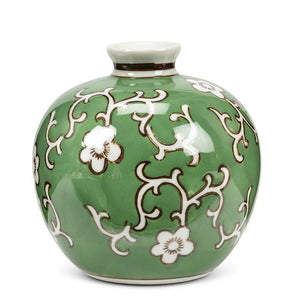 Small round ceramic floral ball vase with a glossy green and brown finish, perfect as a decorative accent for shelves or mantels.