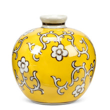 Load image into Gallery viewer, Small round ceramic floral ball vase in a glossy yellow and brown finish, ideal for adding colour and charm to any space.

