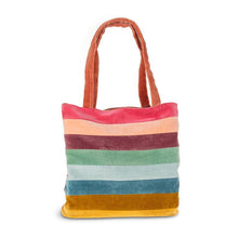 Load image into Gallery viewer, Minerva Tote – A luxurious velvet tote bag with horizontal muted stripes, perfect for everyday outings and special occasions.
