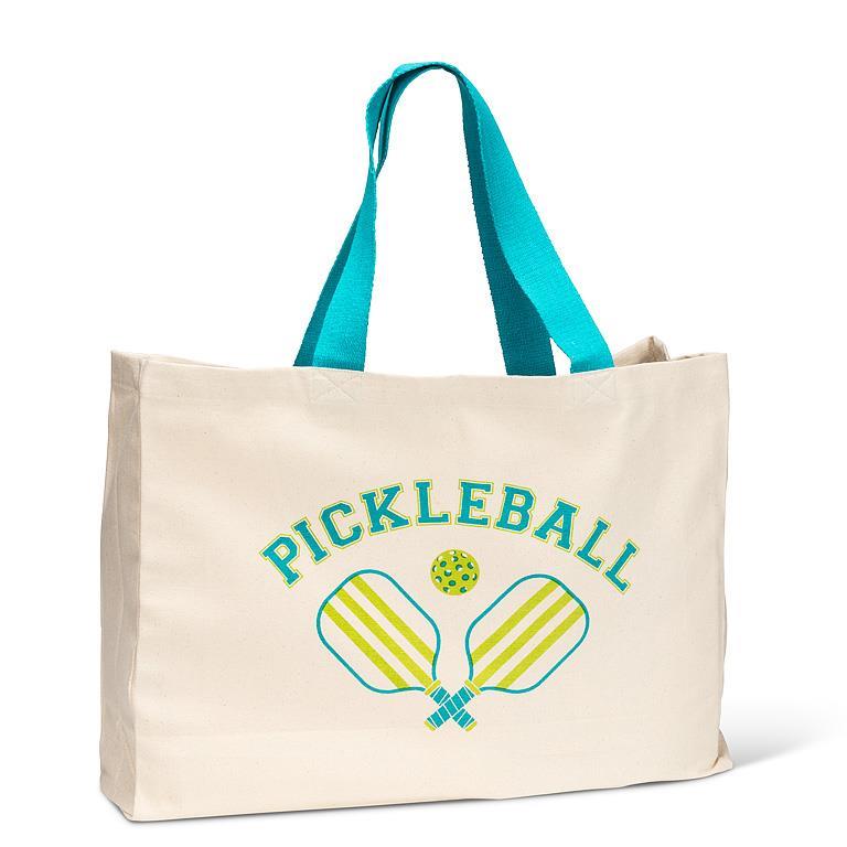 Show Your Love of Pickleball Tote – A cotton canvas tote with blue trim featuring pickleball paddles, perfect for sports and everyday essentials.