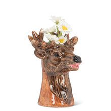 Load image into Gallery viewer, Ceramic deer head bud vase in glossy brown with antlers and a small opening for stems, shown on a white background

