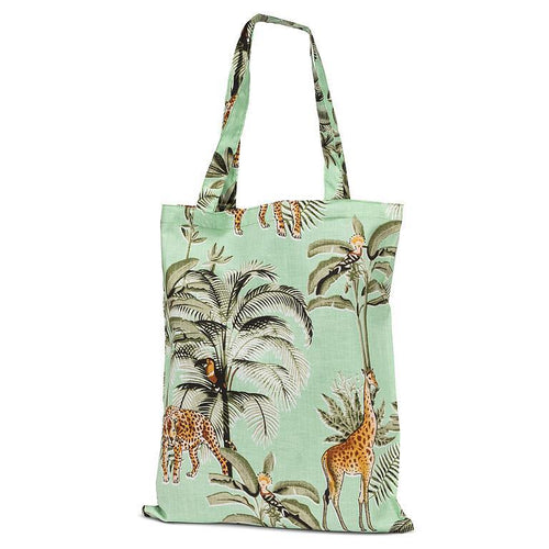 Safari Grove Market Tote – A printed cotton tote with a jungle animal and palm leaf design, perfect for shopping, books, and everyday essentials.