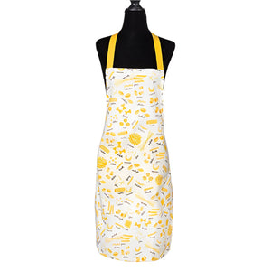 Cotton apron with illustrated pasta varieties and yellow trim, designed for chefs, bakers, and pasta lovers.