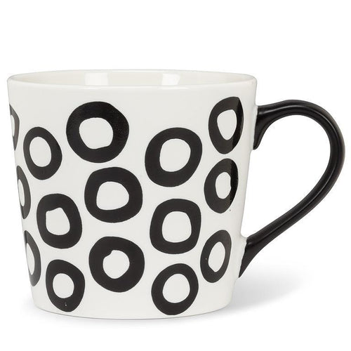 Bone china mug with black looping circle design on white background.