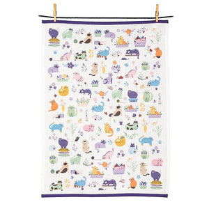 Cotton kitchen towel with graphic cats and flowers, featuring purple trim, perfect for cat lovers.