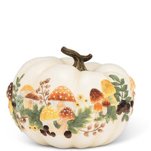 Load image into Gallery viewer, Low ivory resin pumpkin with mushrooms foliage and warm autumn botanical details
