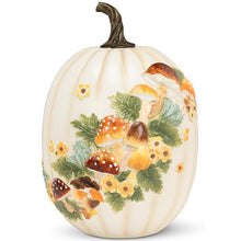 Load image into Gallery viewer, Tall ivory resin pumpkin with sculpted mushrooms and woodland botanical details
